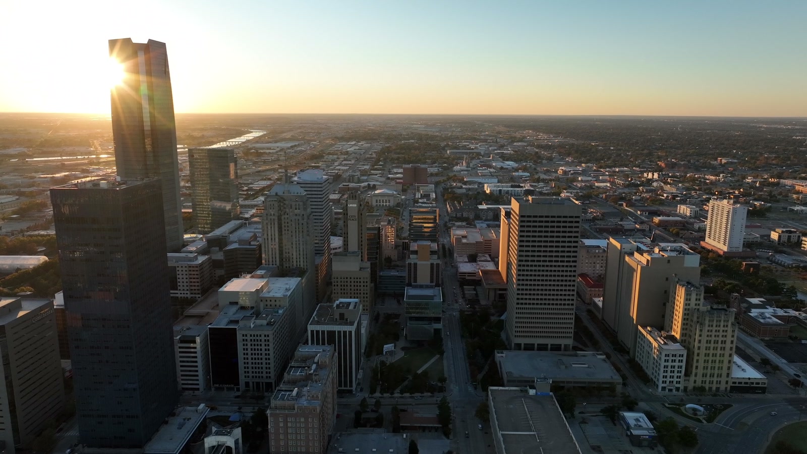 Aerial view of an Oklahoma city skyline at golden hour
